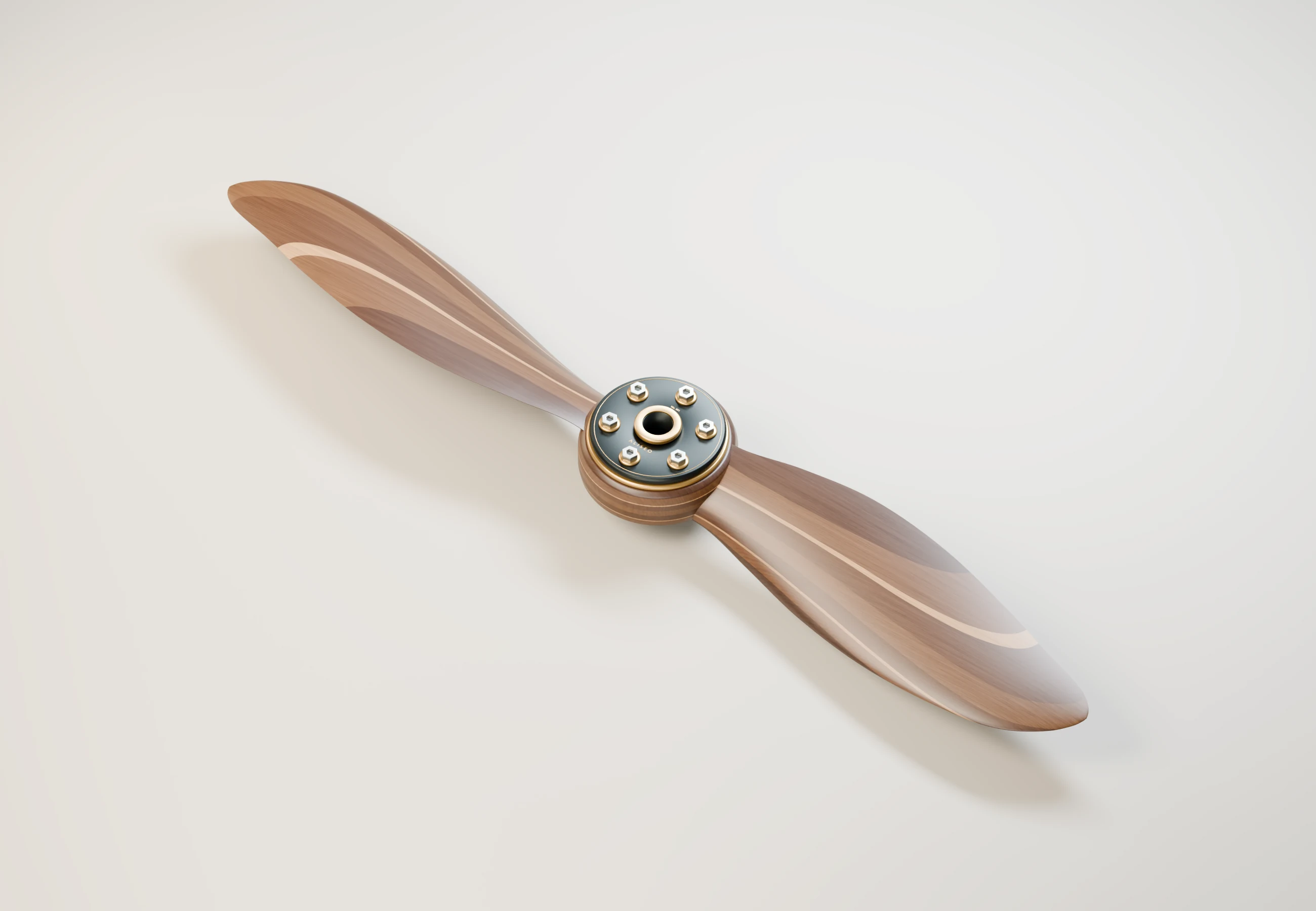 ALISEO, an authored Blender study of a laminated wooden propeller with a brass and dark metal hub.
