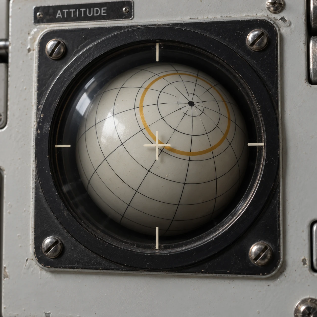 A lunar lander above an icy cratered surface, with instruments showing its attitude, altitude and thrust.